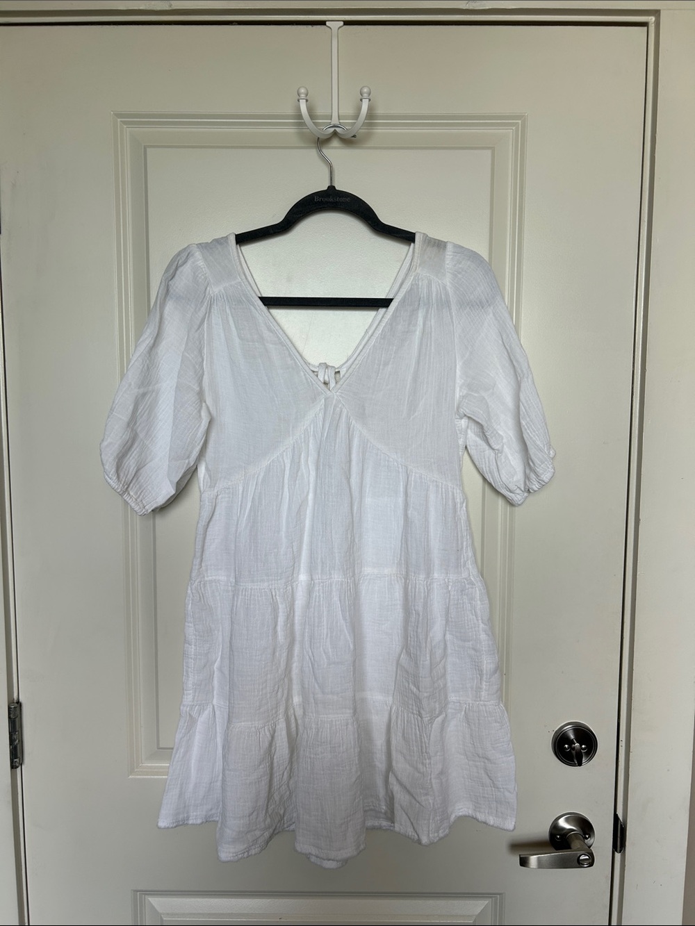 aerie White V-Neck Tiered Short-Sleeve Cotton Dress